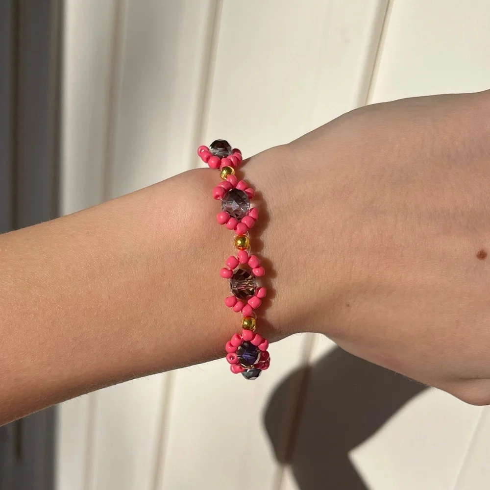 5 for $25 Handmade beaded pink & navy hourglass lobster claw clasp bracelet